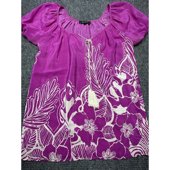 Karen Kane Shirt Womens Small Purple White Silk Floral Boho Tassel Top Blouse - Picture 1 of 14